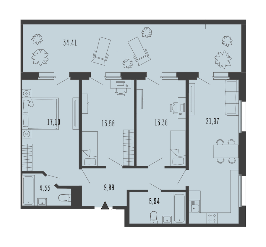 3-комнатная квартира 95.75 м², 1/5 эт., Комплекс апартаментов «Bereg. Курортный»